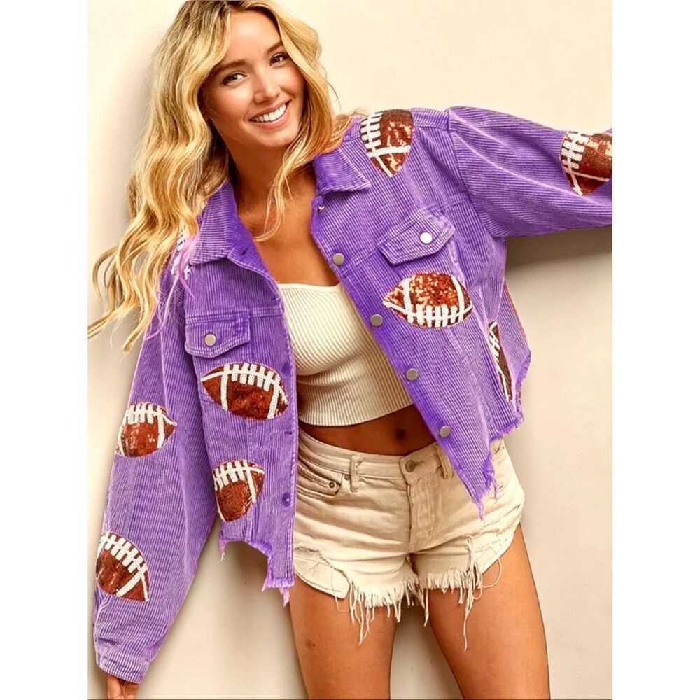 BiBi Purple Football Sequin Corduroy Jacket Gameday Raw Hem Shacket XL NEW - Picture 1 of 10